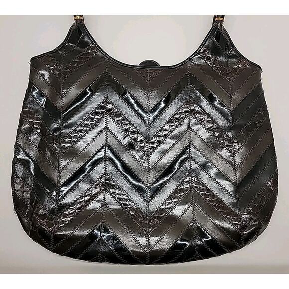 JUDITH LEIBER 80s Vtg ShoulderBag Leather Patchwork Brown Black Gold Accent RARE - Picture 5 of 16